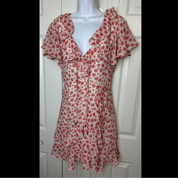 New PRINCESS POLY Desert Duck Mini Dress Red White Dainty Floral Ruffles Sun - Picture 2 of 13